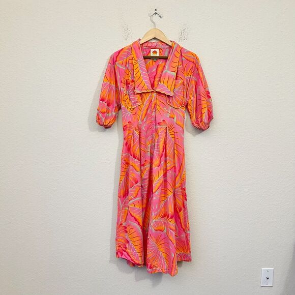 FARM Rio Dresses & Skirts - ANTHROPOLOGIE FARM RIO Bright Forest Midi Dress Pink Orange Puff Sleeve